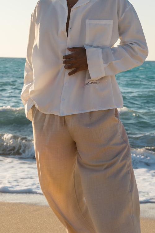 BEIGE PLEATED LINEN PANTS